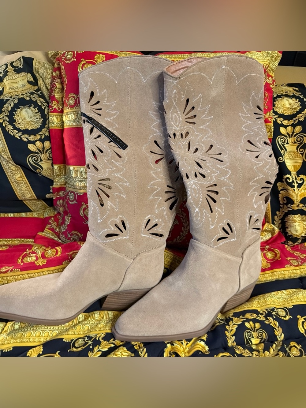 House of Harlow Vanessa Suede Cutout Cowboy Western Boots - Tan Sz 8